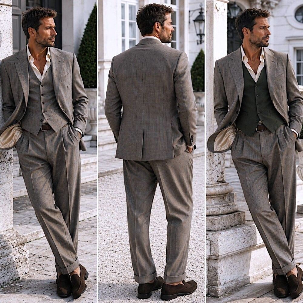 Vtg Tommy Hilfiger 42L Brown Houndstooth 3Pc Suit Set Old Money Academia Wedding